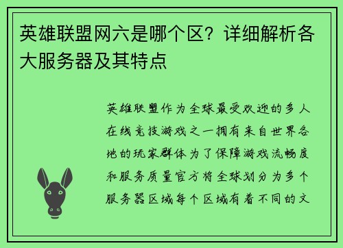 英雄联盟网六是哪个区？详细解析各大服务器及其特点