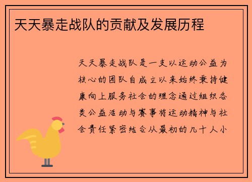 天天暴走战队的贡献及发展历程