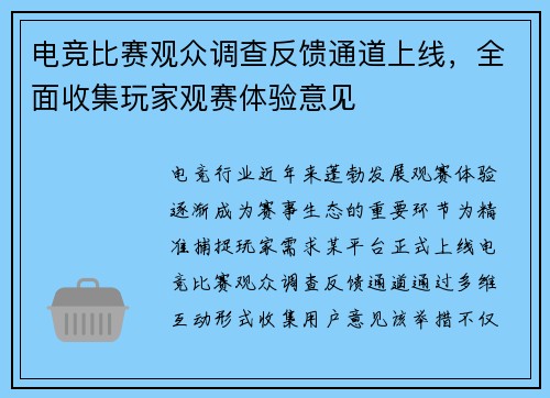 电竞比赛观众调查反馈通道上线，全面收集玩家观赛体验意见