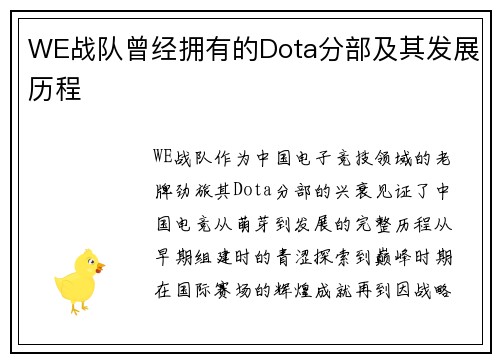 WE战队曾经拥有的Dota分部及其发展历程